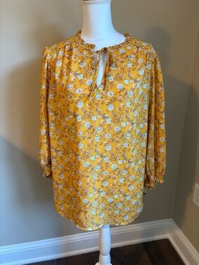 Carolina Belle Montreal Yellow Floral Tie-Neck boho peasant Women’s Blouse 1X